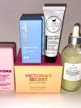5PC Skincare Lot: Victorias Secret Scrub, ByomaCream, BushBalm, Dionis & Pearl